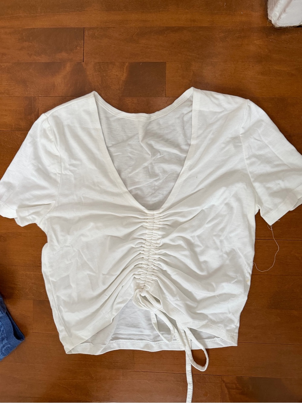 Women's White Ruched V-Neck Drawstring Crop Top